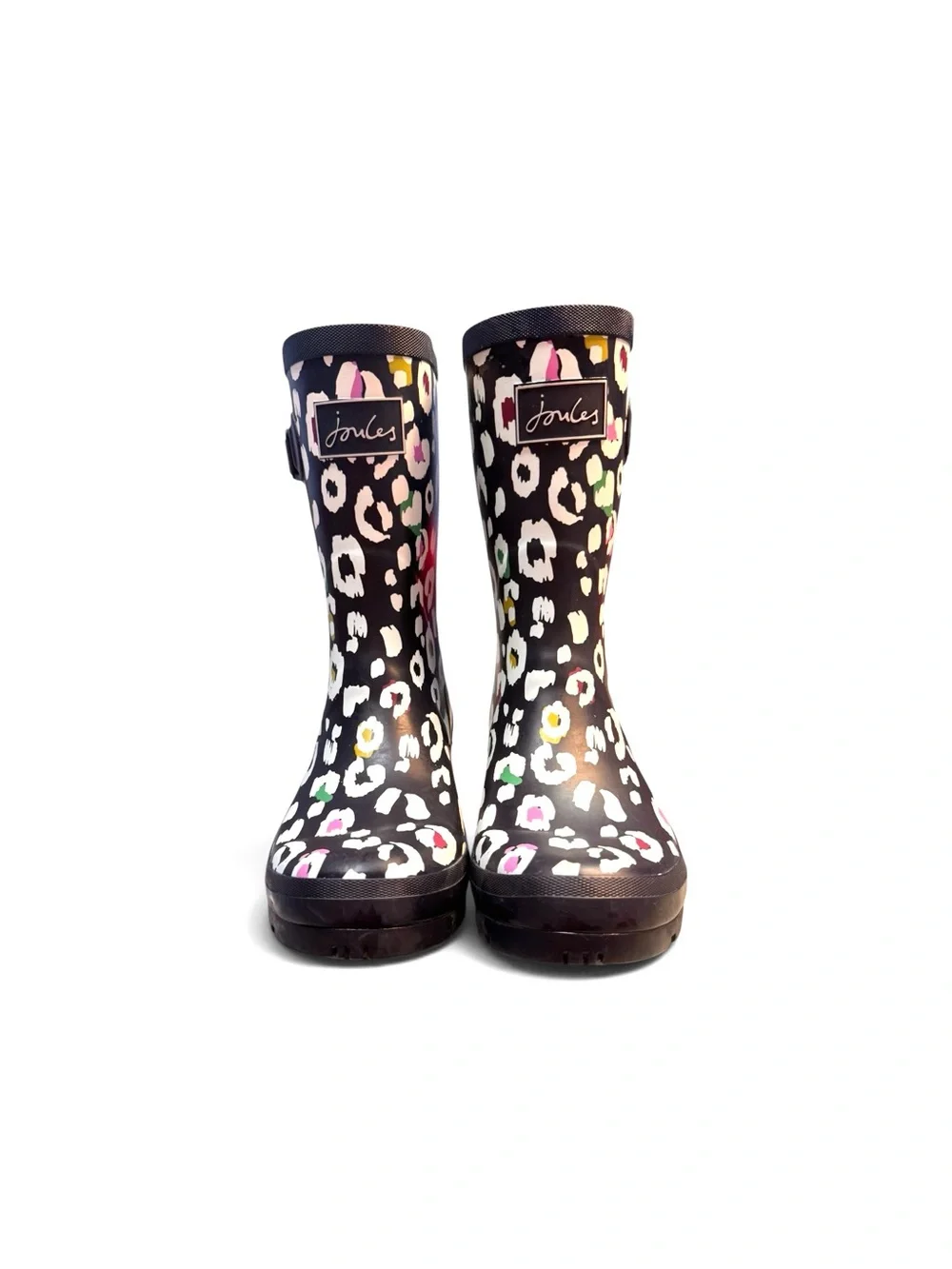 Joules Molly Welly Navy Rain Boots with Multicolor Leopard Spots, Sz 9, EUC